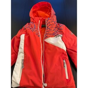 Spyder Kids Ski Winter Jacket Boys Size 12 Orange/ White Powder Skirt w/ Hood